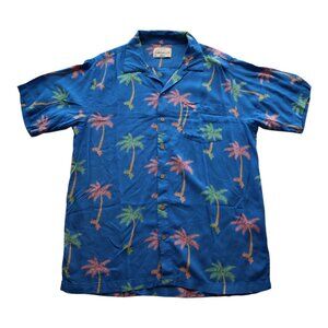 Men's Coachella Blue Hawaiian Palm Tree Print Short Sleeve Shirt M 100% Rayon